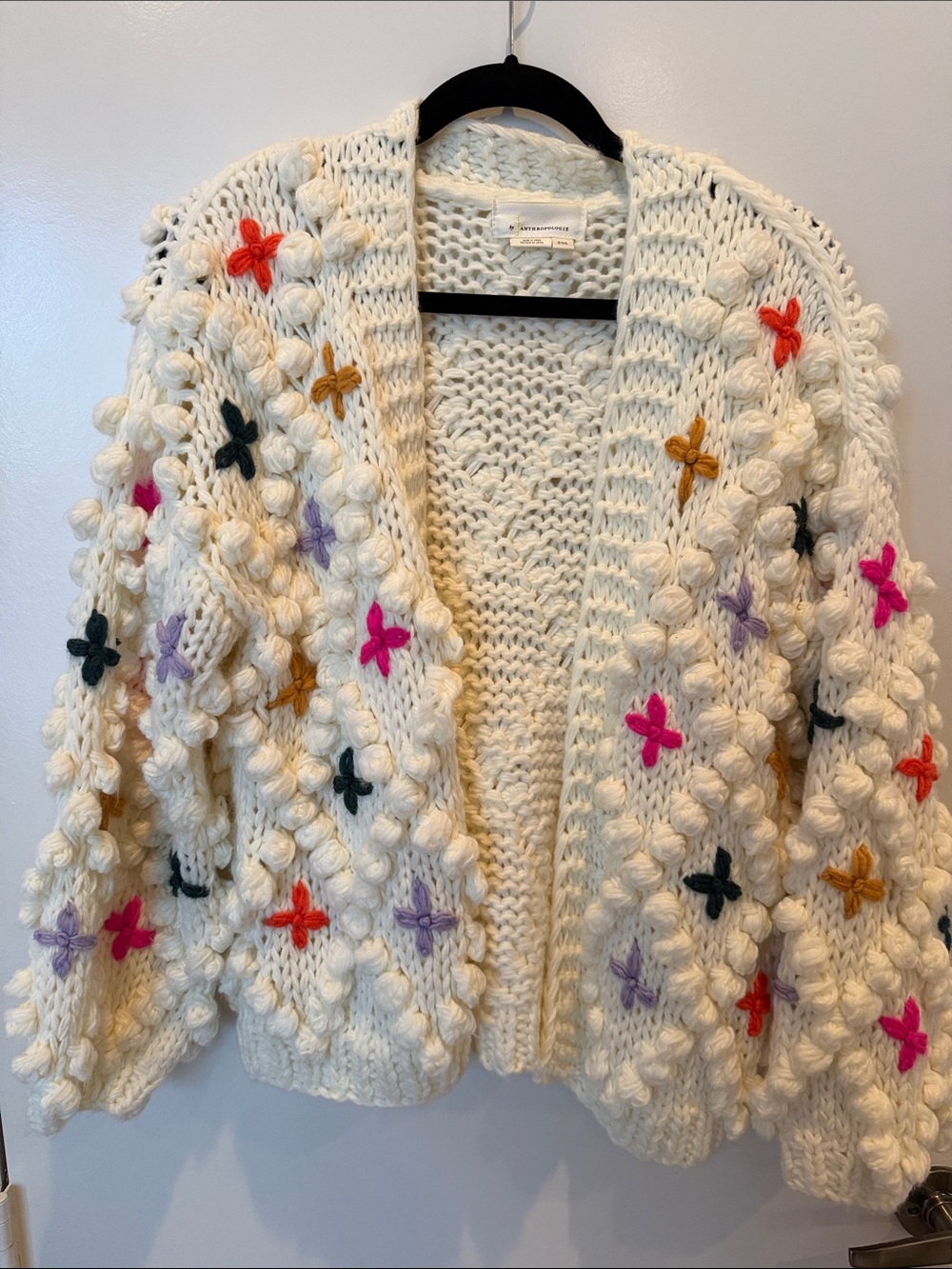 Anthropologie Cream Chunky Knit Cardigan with Multicolor Embroidered Crosses